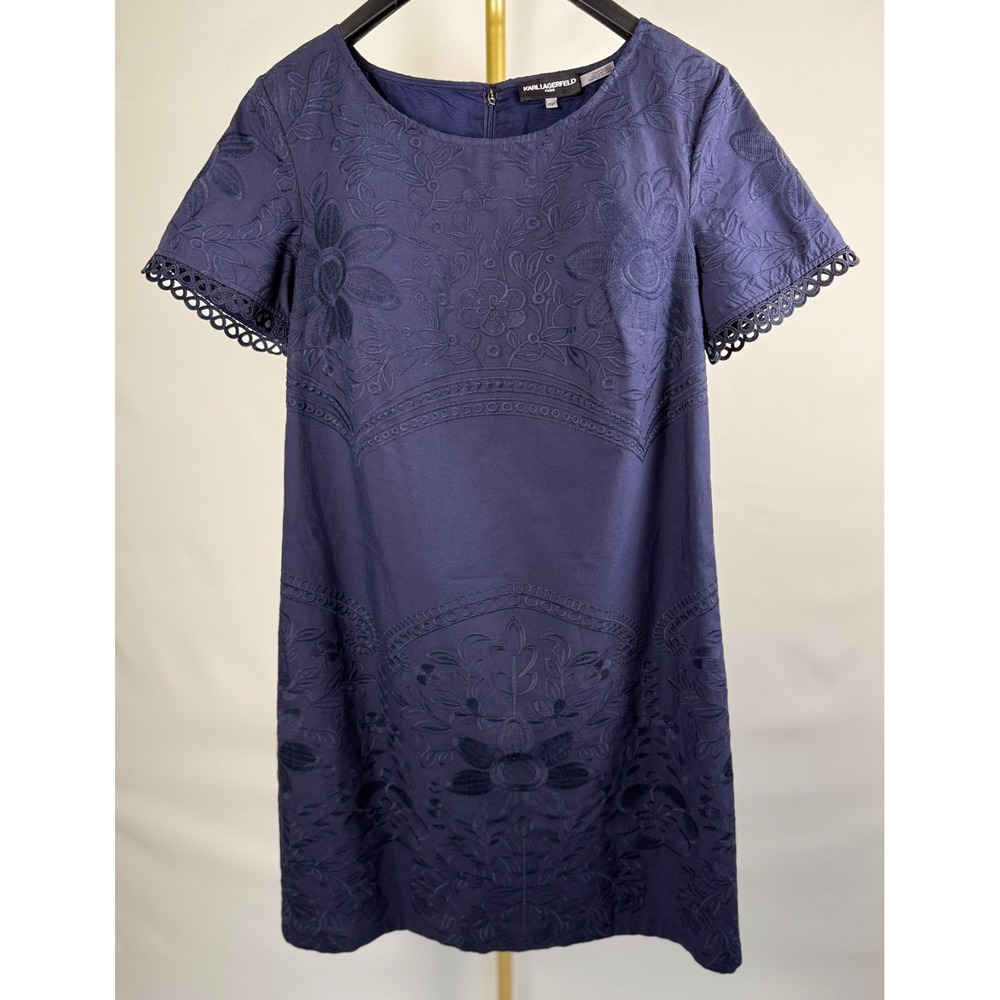 Karl Lagerfeld Paris Navy Blue Floral‎ Embroidered Cotton Dress Size 12 Lined